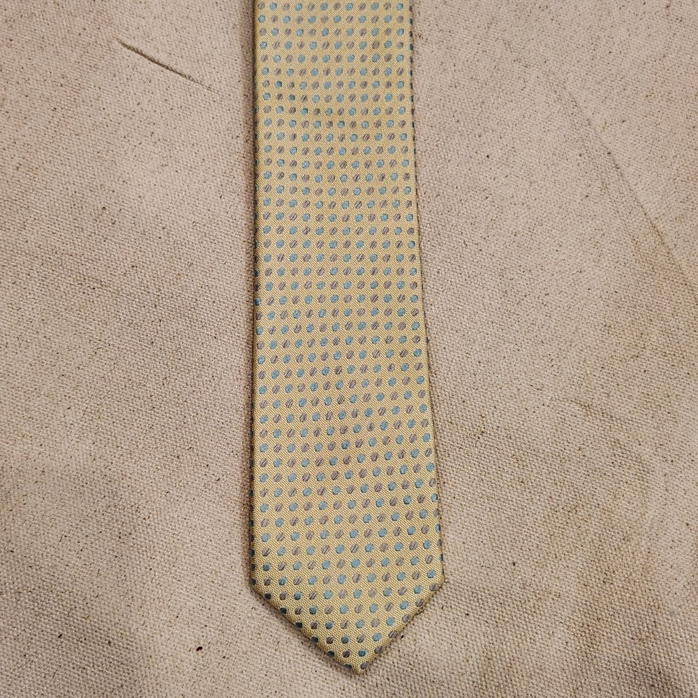 An Original Penguin Silk Necktie Yellow Blue Polka Dot Men's Designer Silk Tie